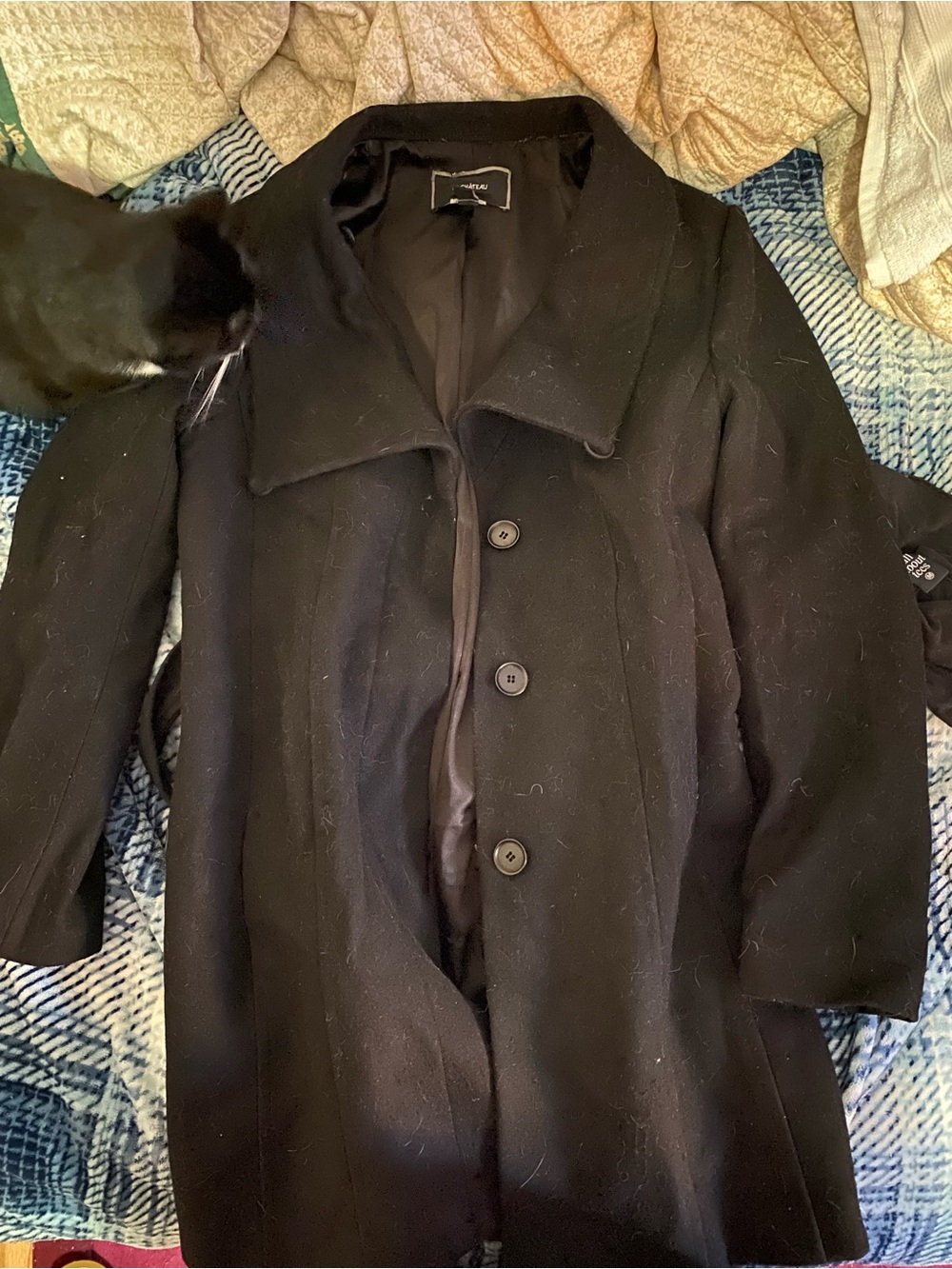 le chateau Black Wool-Blend Pea Coat with Wide Collar